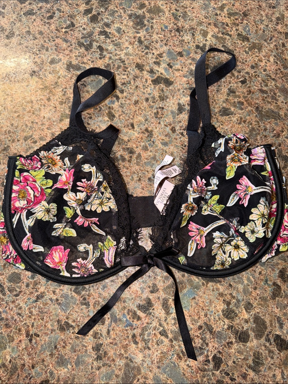 Floral sheer Lace Underwire Bra - Black with Pink & Green Floral Print 36 DDD